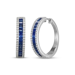Baguette-Cut Blue Lab-Created Sapphire & White Lab-Created Sapphire Hoop Earrings Sterling Silver