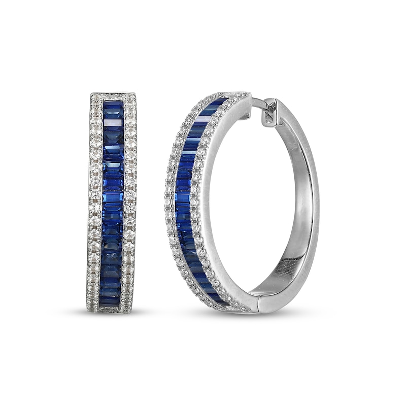 Main Image 1 of Baguette-Cut Blue Lab-Created Sapphire & White Lab-Created Sapphire Hoop Earrings Sterling Silver