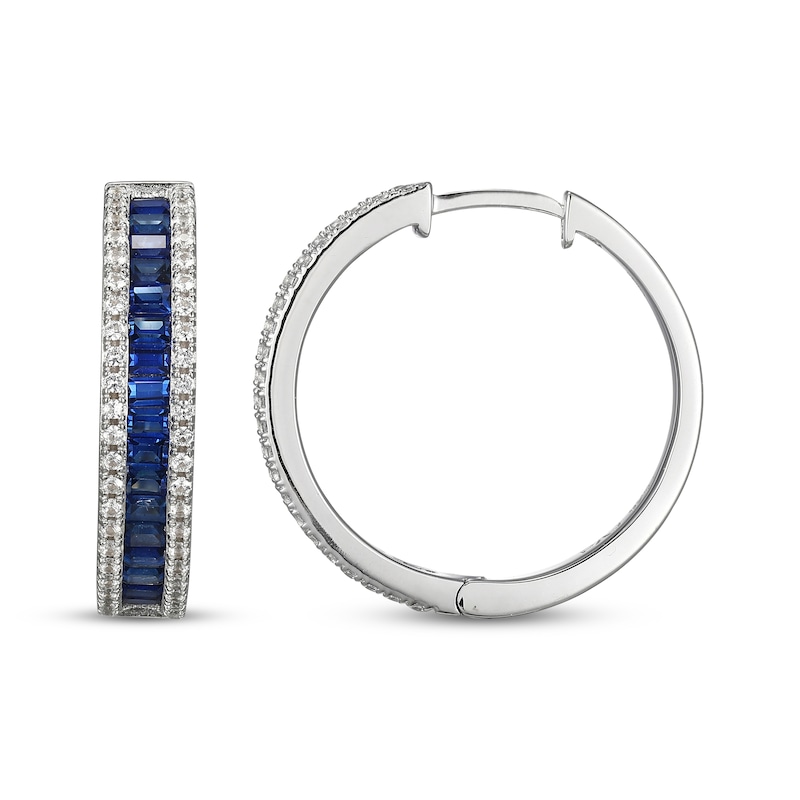 Main Image 3 of Baguette-Cut Blue Lab-Created Sapphire & White Lab-Created Sapphire Hoop Earrings Sterling Silver