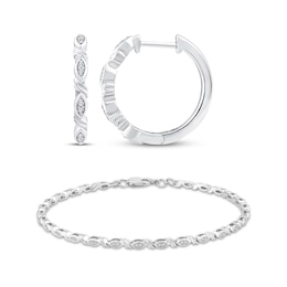 Diamond Marquise Link Bracelet & Hoop Earrings Set 1/5 ct tw Sterling Silver