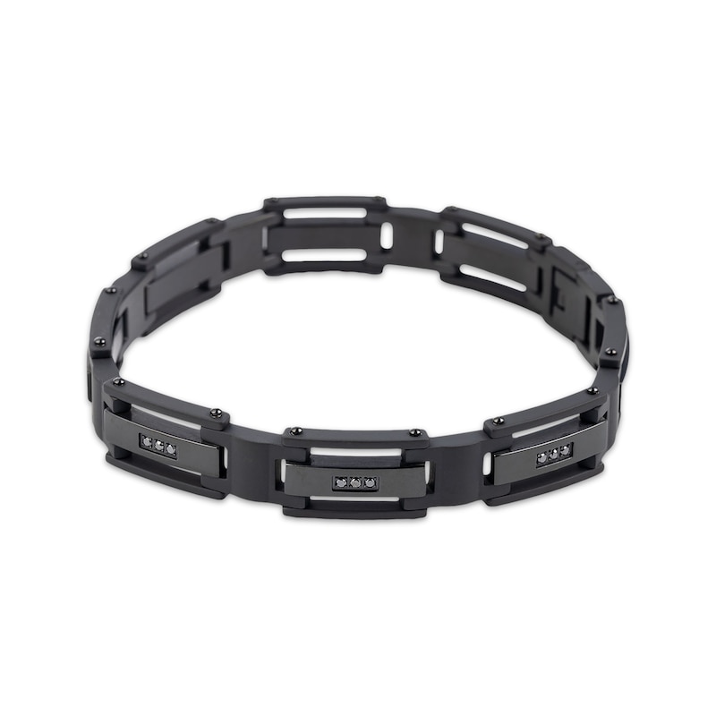 Main Image 2 of Men's Black Diamond Rectangle Link Bracelet 1/4 ct tw Black Ion-Plated Stainless Steel 8.5&quot;