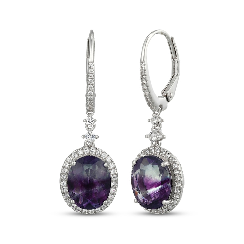 Main Image 1 of Oval-Cut Fluorite & White Lab-Created Sapphire Dangle Earrings Sterling Silver