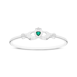 Heart-Shaped Lab-Created Emerald & White Lab-Created Sapphire Claddagh Bangle Bracelet Sterling Silver