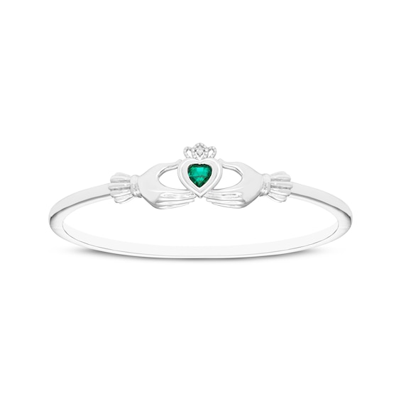 Heart-Shaped Lab-Created Emerald & White Lab-Created Sapphire Claddagh Bangle Bracelet Sterling Silver