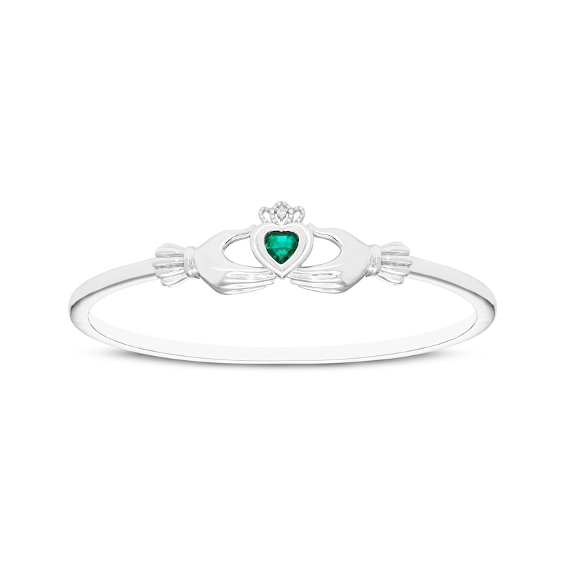 Main Image 1 of Heart-Shaped Lab-Created Emerald & White Lab-Created Sapphire Claddagh Bangle Bracelet Sterling Silver