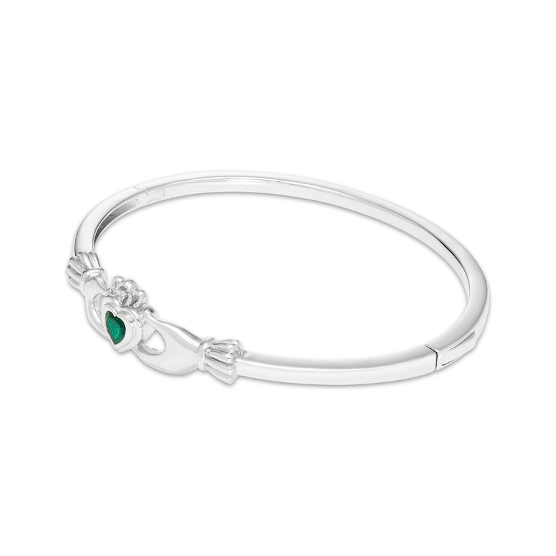 Main Image 2 of Heart-Shaped Lab-Created Emerald & White Lab-Created Sapphire Claddagh Bangle Bracelet Sterling Silver