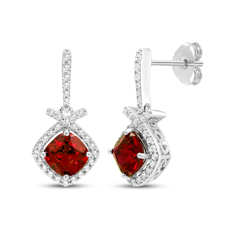 Main Image 1 of Cushion-Cut Garnet & White Lab-Created Sapphire Drop Earrings Sterling Silver