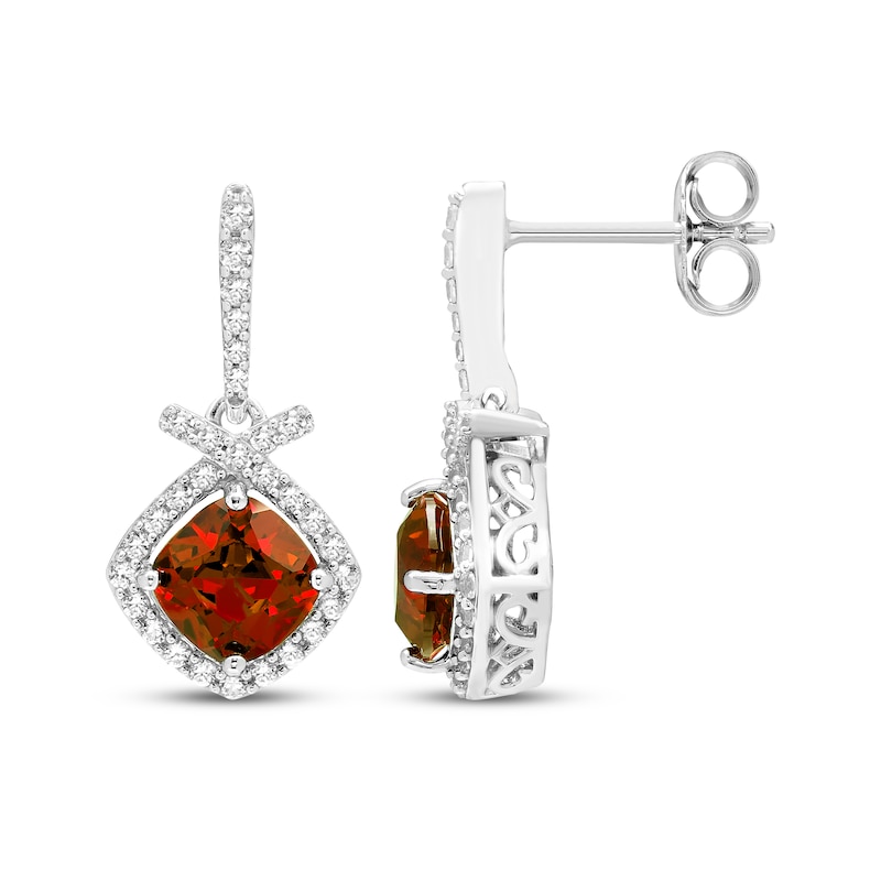 Main Image 3 of Cushion-Cut Garnet & White Lab-Created Sapphire Drop Earrings Sterling Silver