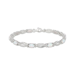 Oval-Cut Lab-Created Opal & White Lab-Created Sapphire Link Bracelet Sterling Silver 7.25&quot;