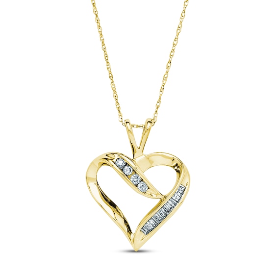 Previously Owned Diamond Heart Necklace 1/4 ct tw Round & Baguette-cut 10K Yellow Gold