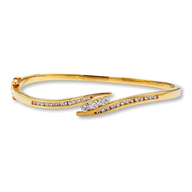 Main Image 1 of Previously Owned 3 Stone Bypass Bangle Bracelet 1 ct tw Round 14K Yellow Gold