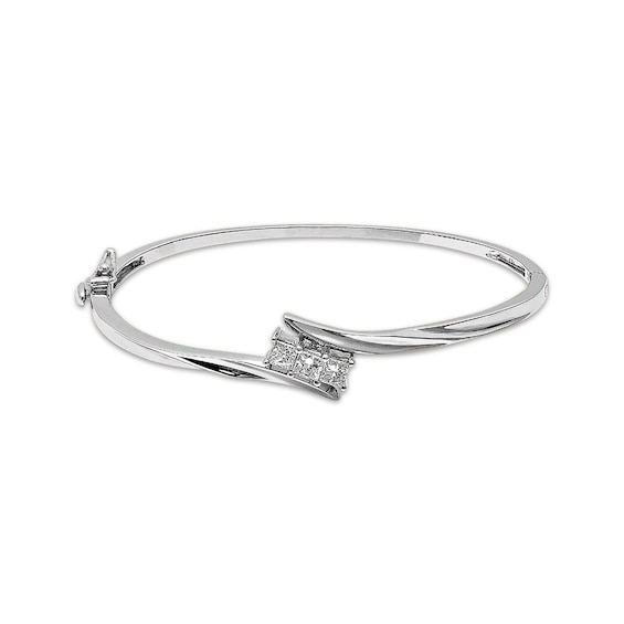 Previously Owned Princess-Cut Diamond Three-Stone Bangle Bracelet 3/4 ct tw 14K White Gold