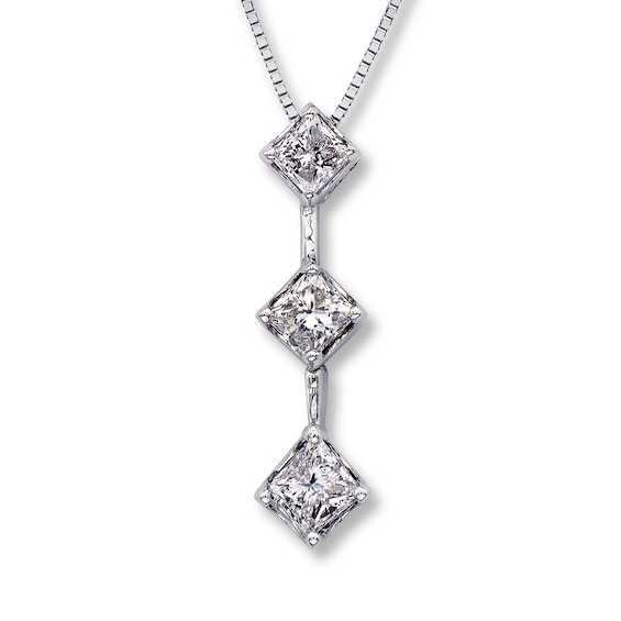 Previously Owned 3-Stone Diamond Necklace 1 ct tw Princess-cut 14K White Gold 17"