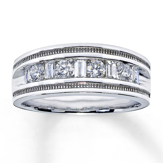 Previously Owned Men's Diamond Wedding Band 1 ct tw Round & Baguette-Cut 14K White Gold