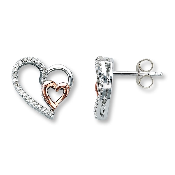 Previously Owned Diamond Heart Earrings 1/10 ct tw Sterling Silver & 10K Rose Gold