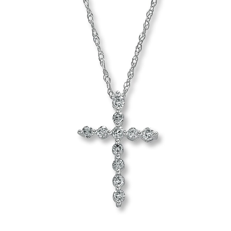 Main Image 1 of Previously Owned Diamond Cross Necklace 1/6 ct tw Round-Cut 10K White Gold 18&quot;