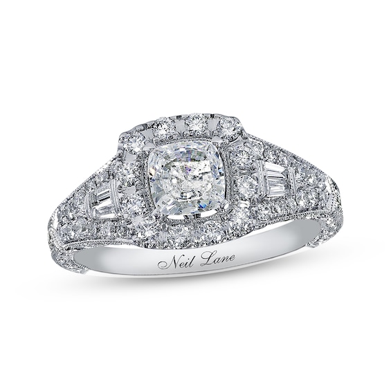 Previously Owned Neil Lane Diamond Engagement Ring 1-3/8 ct tw Cushion, Round & Baguette-cut 14K White Gold
