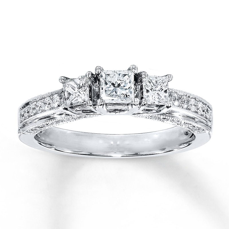 Main Image 1 of Previously Owned 3-Stone Diamond Ring 7/8 ct tw Princess-cut 14K White Gold