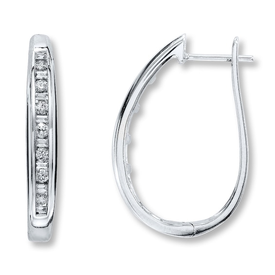 Previously Owned Diamond Hoop Earrings 1/2 ct tw Round & Baguette-Cut 10K White Gold