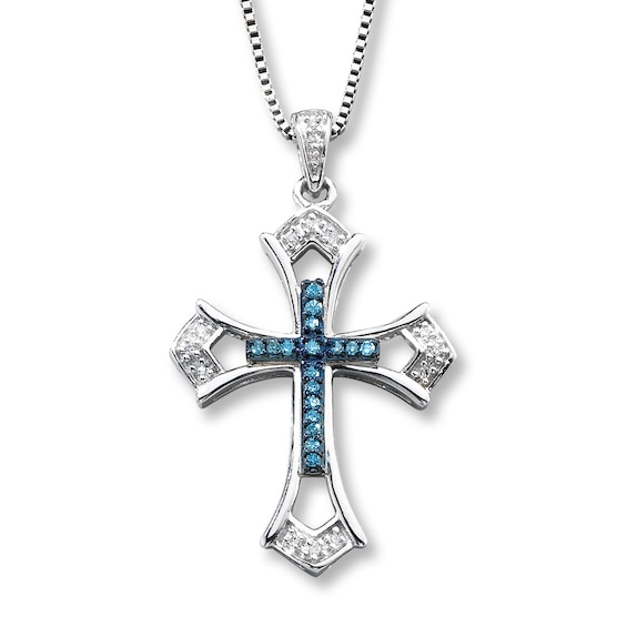 Previously Owned Blue/White Diamonds 1/10 ct tw Cross Necklace Sterling Silver