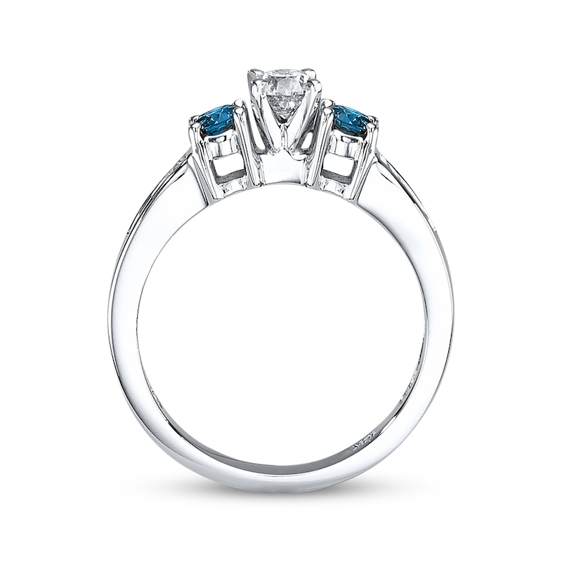 Previously Owned Blue/White Diamond 3-Stone Engagement Ring 3/4 ct tw Round-cut 10K White Gold