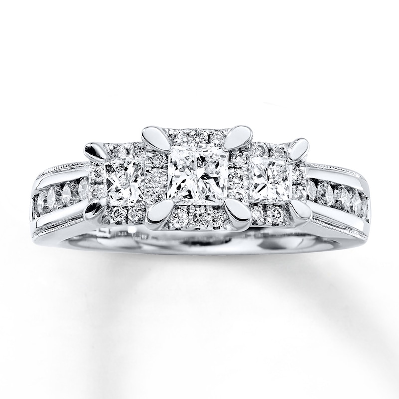 Previously Owned Three-Stone Ring 1 ct tw Princess & Round-cut Diamonds 14K White Gold - Size 9.5