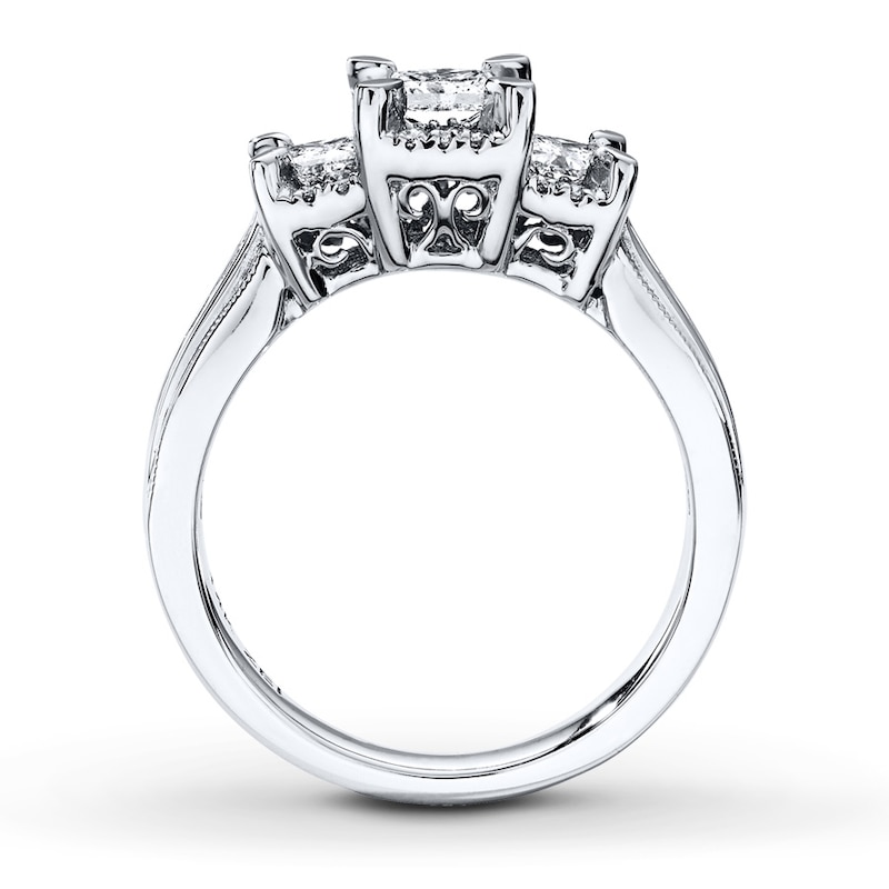 Previously Owned Three-Stone Ring 1 ct tw Princess & Round-cut Diamonds 14K White Gold - Size 9.5