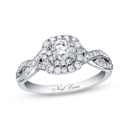 Previously Owned Neil Lane Round-Cut Diamond Double Halo Engagement Ring 3/4 ct tw 14K White Gold Size 5.5