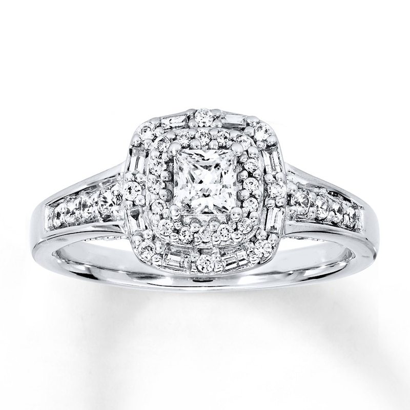 Main Image 1 of Previously Owned Diamond Engagement Ring 5/8 ct tw Princess, Baguette, & Round-cut 14K White Gold