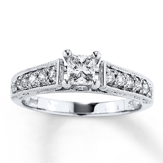 Previously Owned Engagement Ring 3/4 ct tw Princess & Round-cut Diamonds 14K White Gold - Size 3.75
