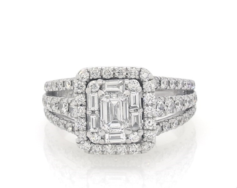 Main Image 1 of Previously Owned Neil Lane Round & Emerald-Cut Multi-Diamond Engagement Ring 1-3/4 ct tw 14K White Gold