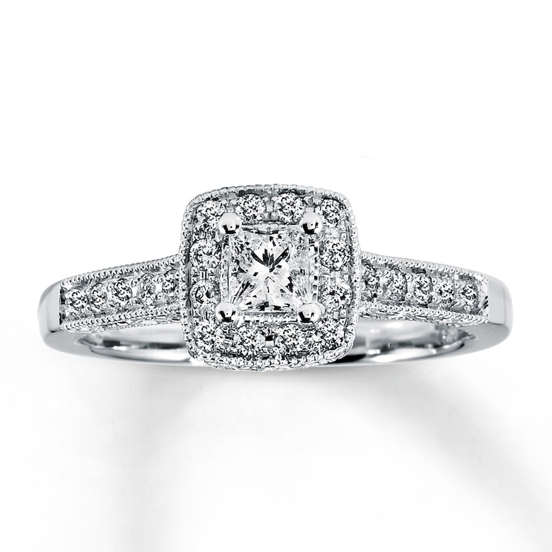 Main Image 1 of Previously Owned Diamond Engagement Ring 1/2 ct tw Princess & Round-Cut 14K White Gold - Size 4