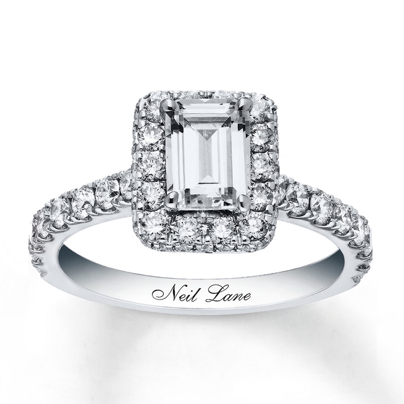 Previously Owned Neil Lane Engagement Ring 2 ct tw Emerald & Round-cut Diamonds 14K White Gold - Size 4.25