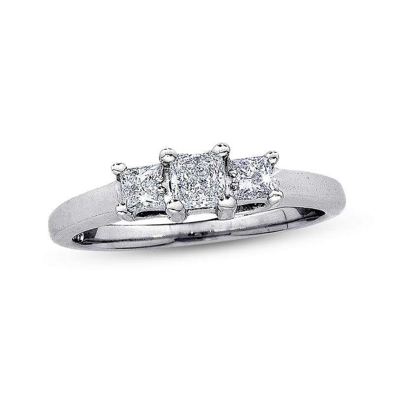 Main Image 1 of Previously Owned Diamond Three-Stone Engagement Ring 1/2 ct tw Princess-cut 14K White Gold & Platinum