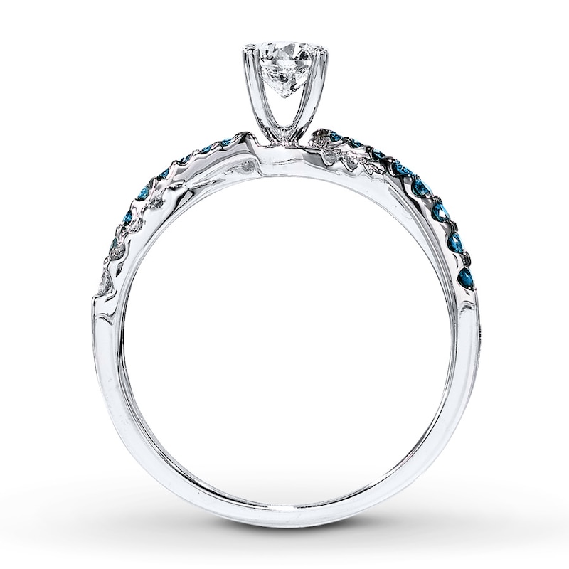 Main Image 2 of Previously Owned Blue/White Diamond Engagement Ring 3/4 ct tw Round-cut 14K White Gold - Size 8.5