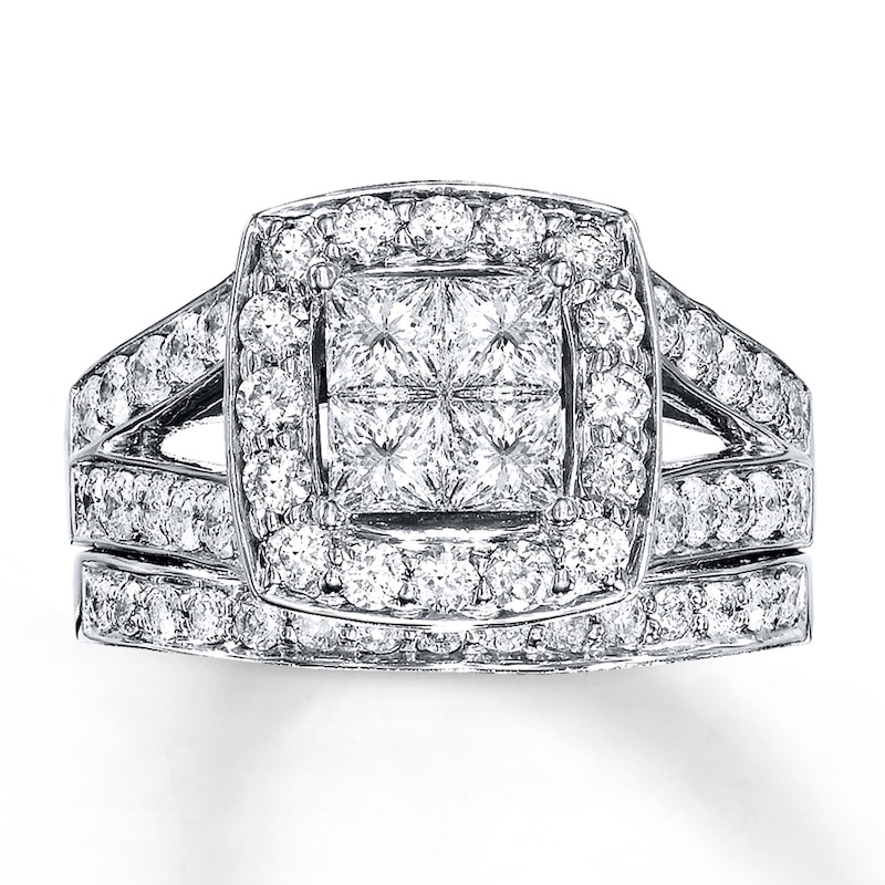 Main Image 1 of Previously Owned Diamond Bridal Set 2 ct tw Princess & Round-cut 14K White Gold - Size 12