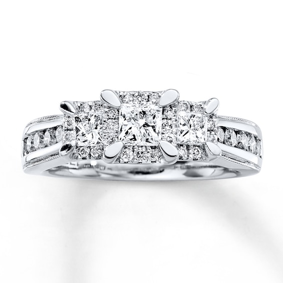 Previously Owned Three-Stone Ring 1 ct tw Princess & Round-cut Diamonds 14K White Gold