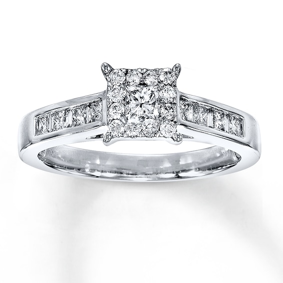 Previously Owned Diamond Engagement Ring 5/8 ct tw Princess, Baguette & Round-cut 14K White Gold