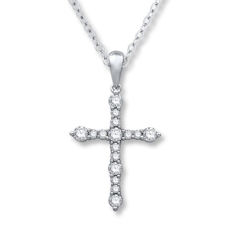 Main Image 1 of Previously Owned Diamond Cross Necklace 1/2 ct tw Round-cut 10K White Gold