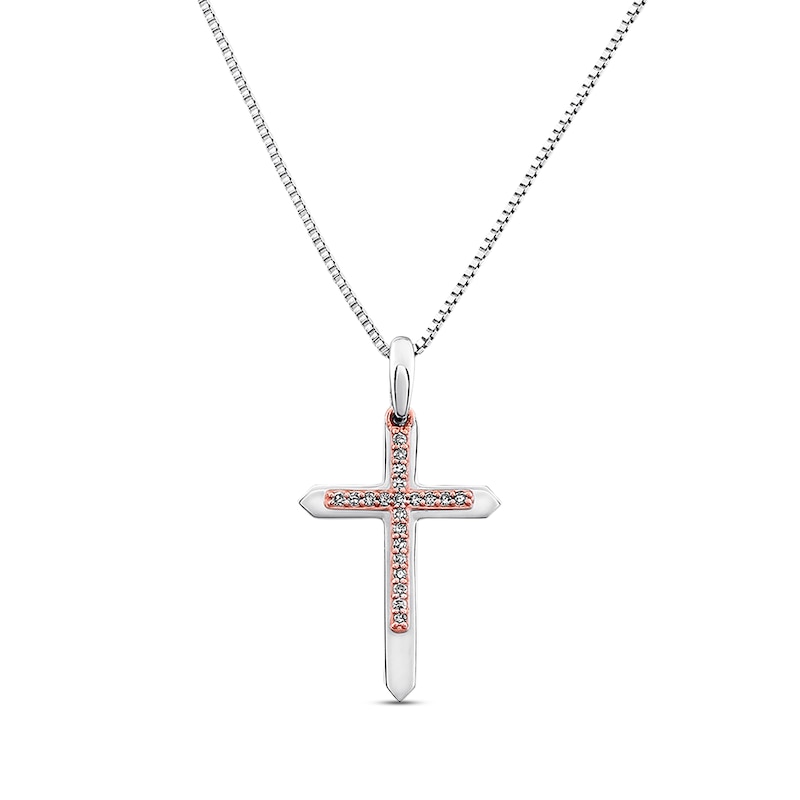 Previously Owned Diamond Cross Necklace 1/15 ct tw Round-Cut Diamond Sterling Silver/10K Rose Gold