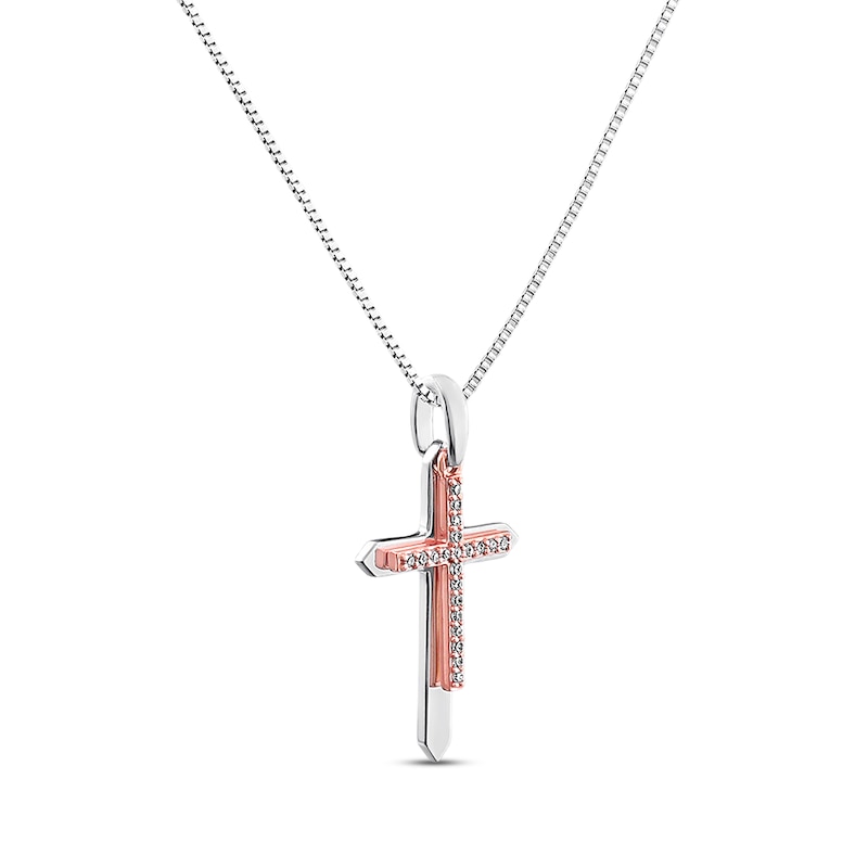 Previously Owned Diamond Cross Necklace 1/15 ct tw Round-Cut Diamond Sterling Silver/10K Rose Gold
