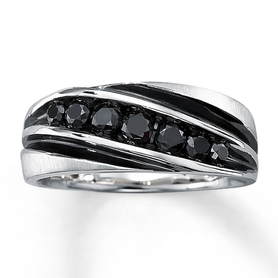 Previously Owned Men's Black Diamond Ring 3/4 ct tw Round-cut 10K White Gold - Size 7.5