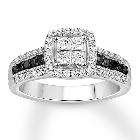 Previously Owned Black/White Diamond Engagement Ring 3/4 ct tw Princess & Round-cut 14K White Gold - Size 9.25