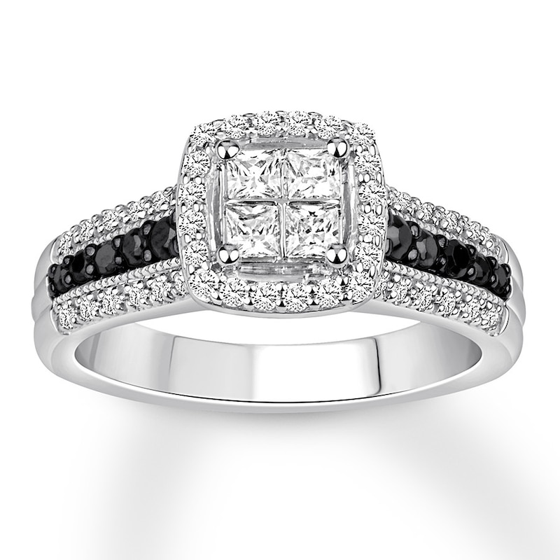 Main Image 1 of Previously Owned Black/White Diamond Engagement Ring 3/4 ct tw Princess & Round-cut 14K White Gold - Size 9.25