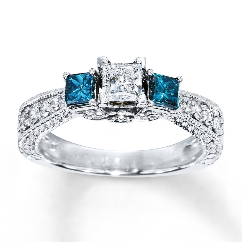 Previously Owned Blue Diamond Ring 1 ct tw Princess & Round-cut 14K White Gold - Size 9.75