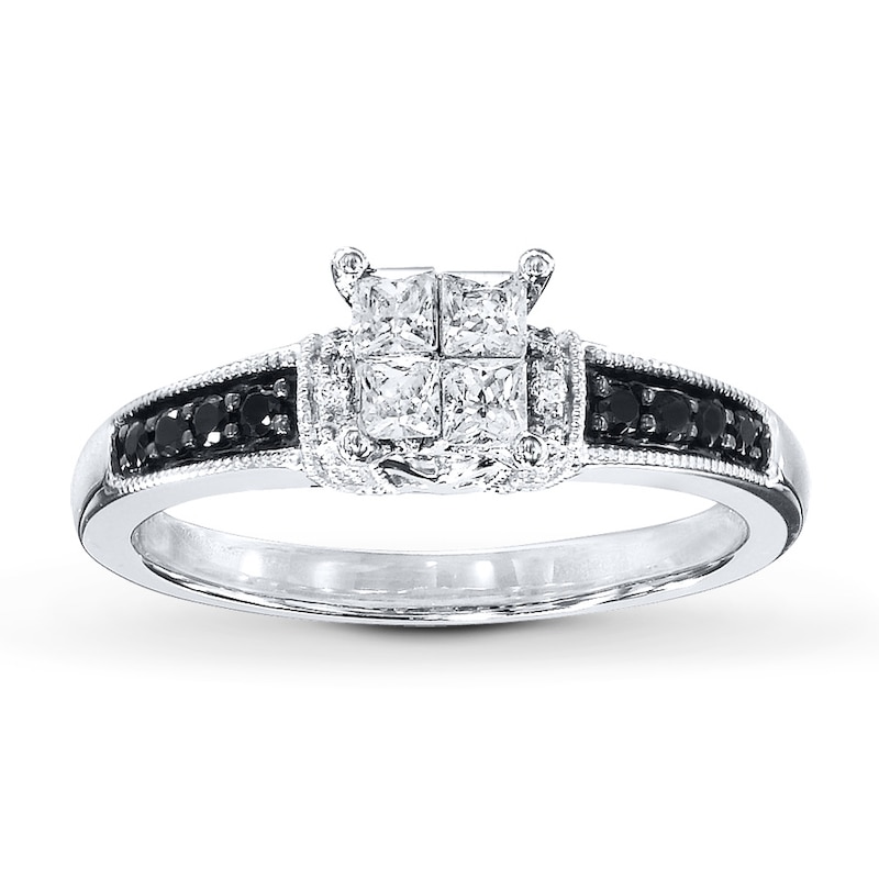 Previously Owned Black & White Diamond Engagement Ring 1/2 ct tw Princess & Round-cut 10K White Gold - Size 9.75