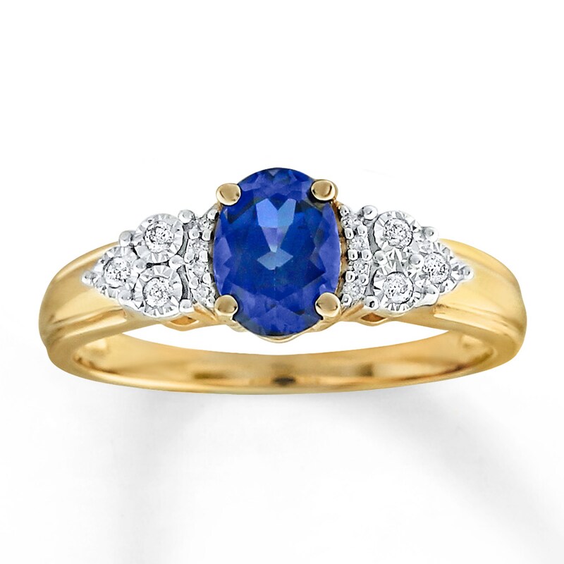 Main Image 1 of Previously Owned Lab-Created Sapphire Ring 1/15 ct tw Diamonds 10K Yellow Gold