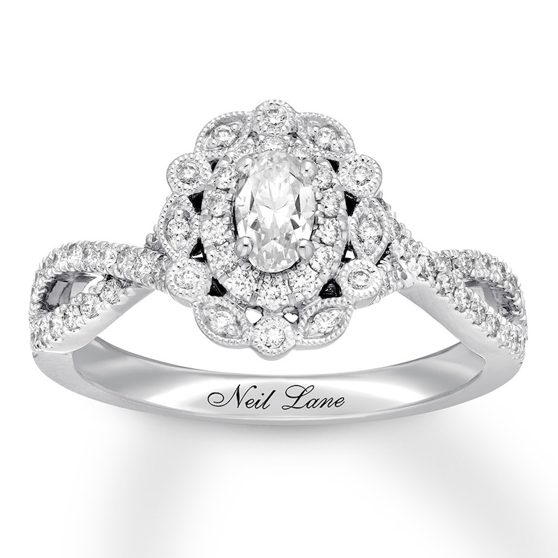 Previously Owned Neil Lane Diamond Engagement Ring 5/8 ct tw Oval & Round-cut 14K White Gold - Size 9.75
