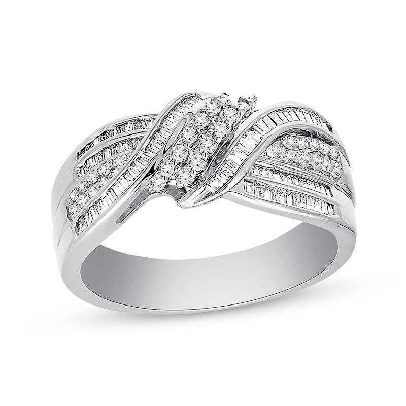 Main Image 1 of Previously Owned Diamond Ring 1/2 ct tw Round & Baguette-cut 10K White Gold