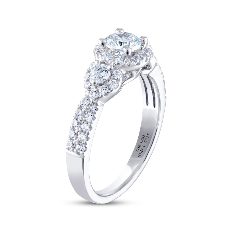 Main Image 2 of Previously Owned THE LEO Ideal Cut Diamond Three-Stone Engagement Ring 1 ct tw Round-cut 14K White Gold